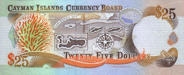 Back of Cayman Islands p19: 25 Dollars from 1996