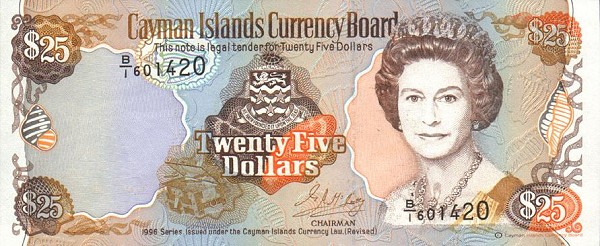 Front of Cayman Islands p19: 25 Dollars from 1996