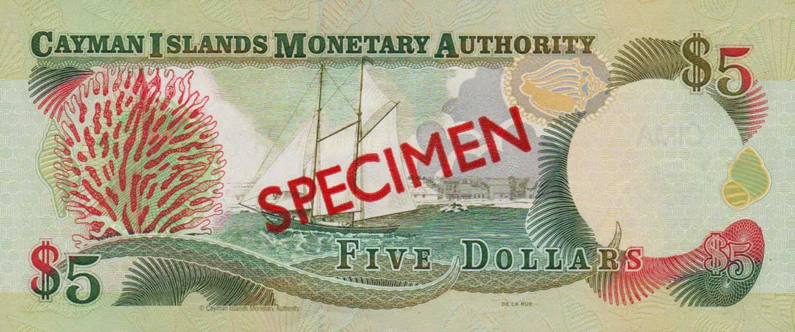 Back of Cayman Islands p22s: 5 Dollars from 1998