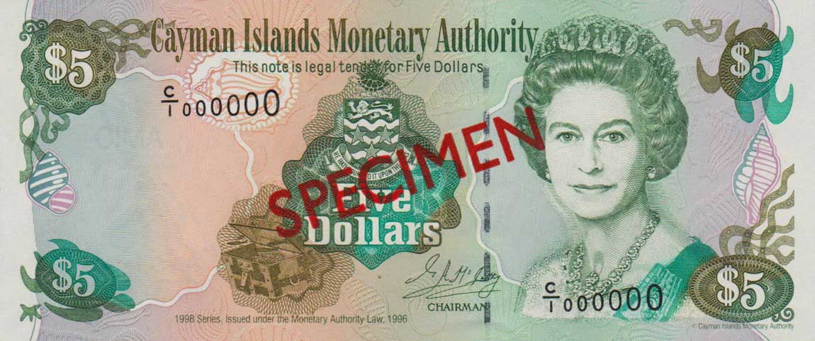 Front of Cayman Islands p22s: 5 Dollars from 1998