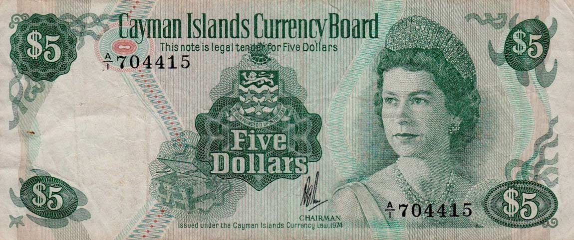 Front of Cayman Islands p6a: 5 Dollars from 1974