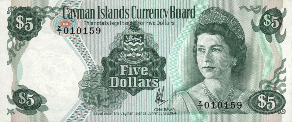 Front of Cayman Islands p6r: 5 Dollars from 1974