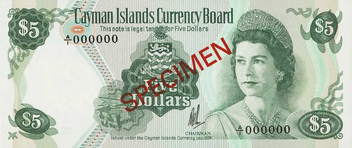 Front of Cayman Islands p6s: 5 Dollars from 1974