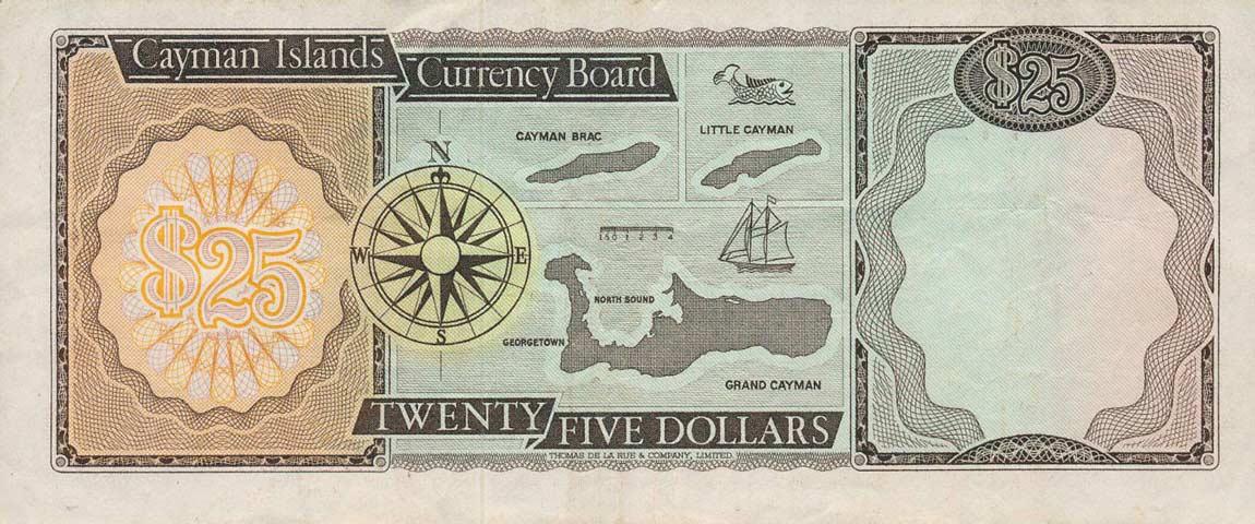 Back of Cayman Islands p8a: 25 Dollars from 1974