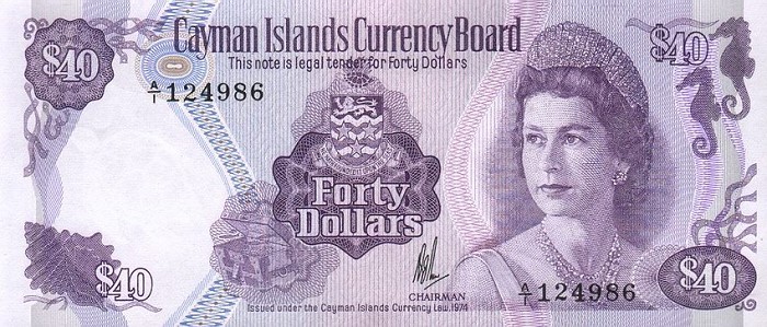 Front of Cayman Islands p9a: 40 Dollars from 1974
