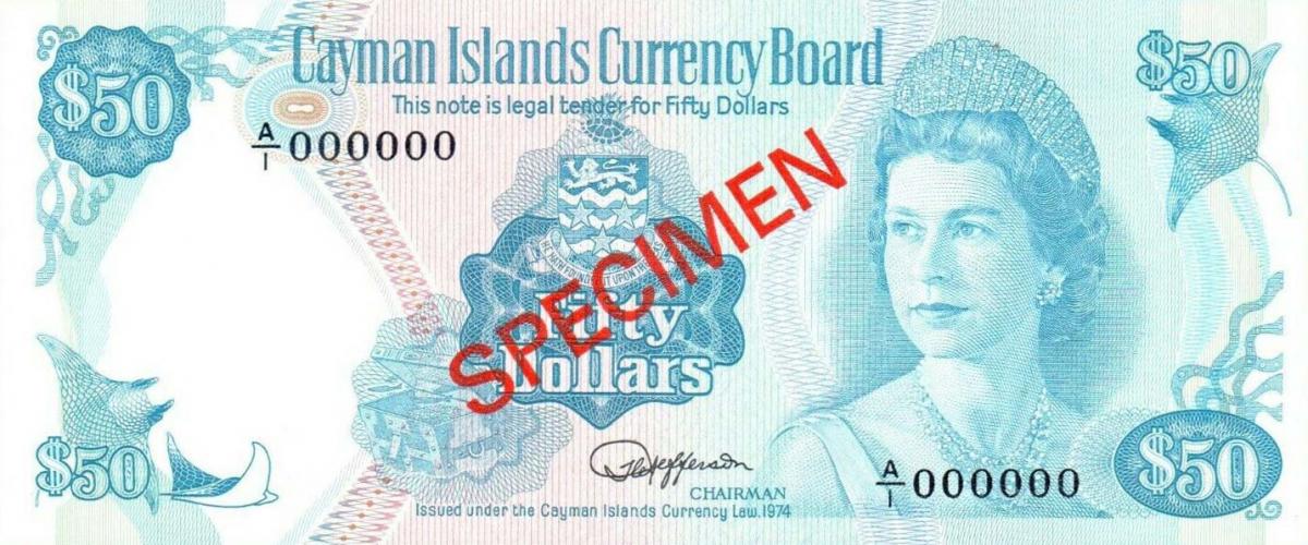 Front of Cayman Islands p10s: 50 Dollars from 1974
