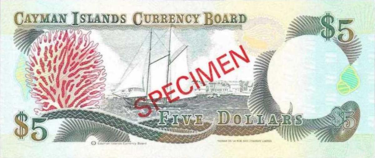 Back of Cayman Islands p12s: 5 Dollars from 1991