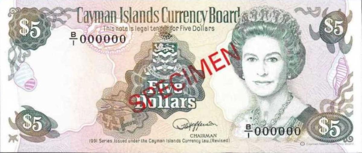 Front of Cayman Islands p12s: 5 Dollars from 1991