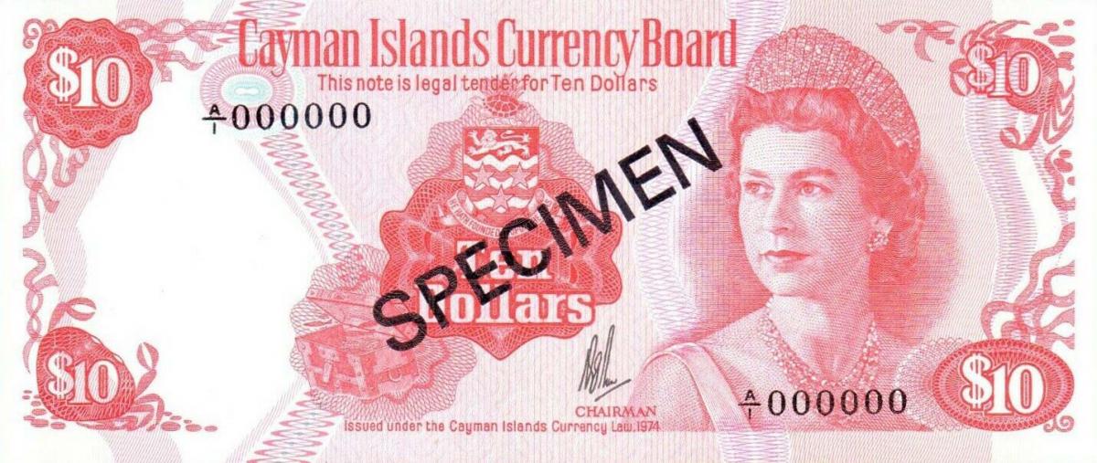 Front of Cayman Islands p7s: 10 Dollars from 1974