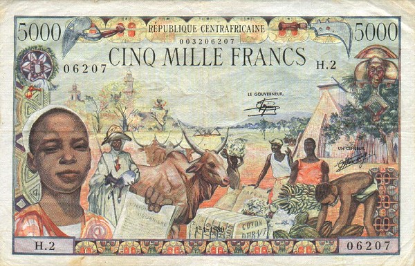 Front of Central African Republic p11: 5000 Francs from 1980
