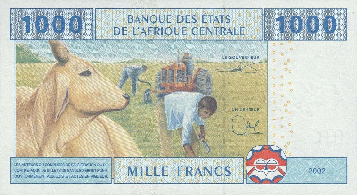 Back of Central African States p207Uc: 1000 Francs from 2002