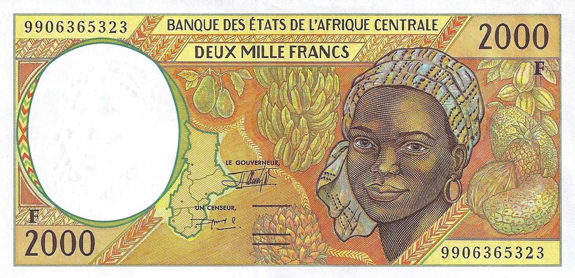 Front of Central African States p303Ff: 2000 Francs from 1999