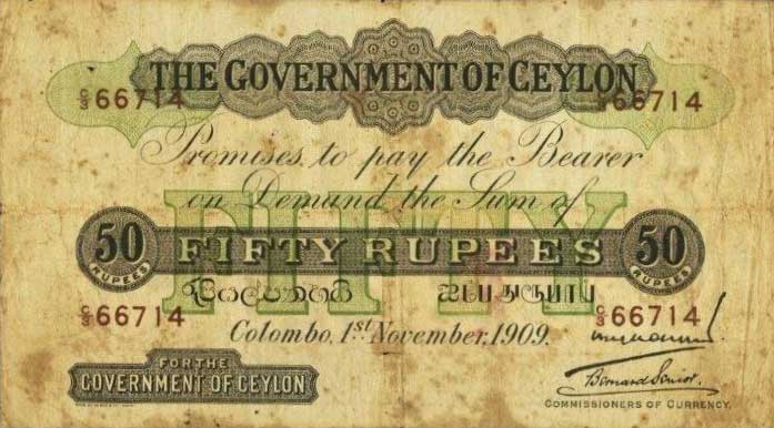 Front of Ceylon p13: 50 Rupees from 1909