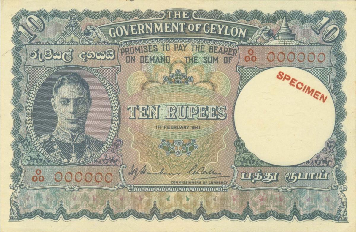 Front of Ceylon p33s: 10 Rupees from 1941
