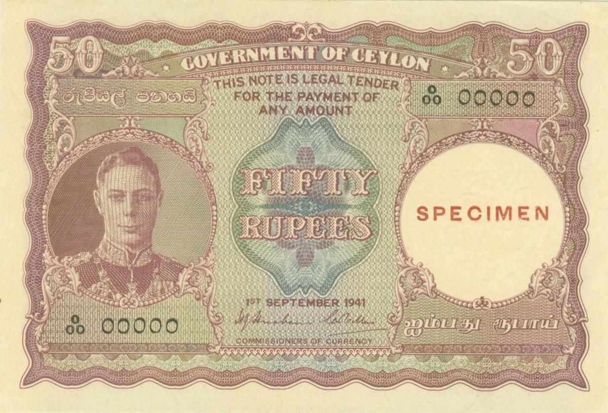 Front of Ceylon p37s: 50 Rupees from 1941