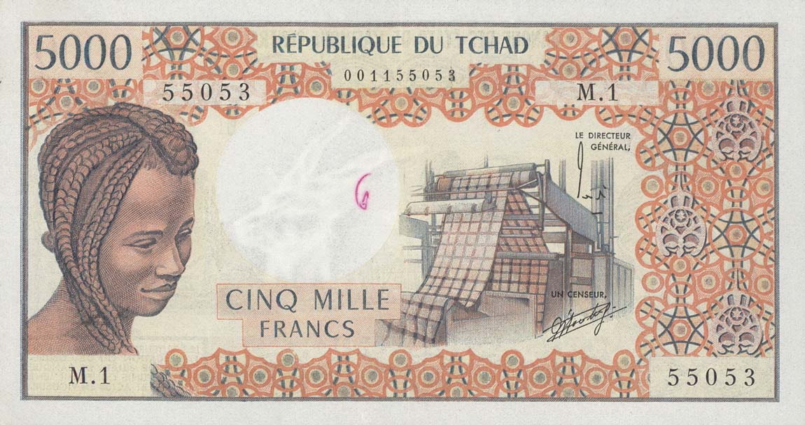 Front of Chad p5a: 5000 Francs from 1976
