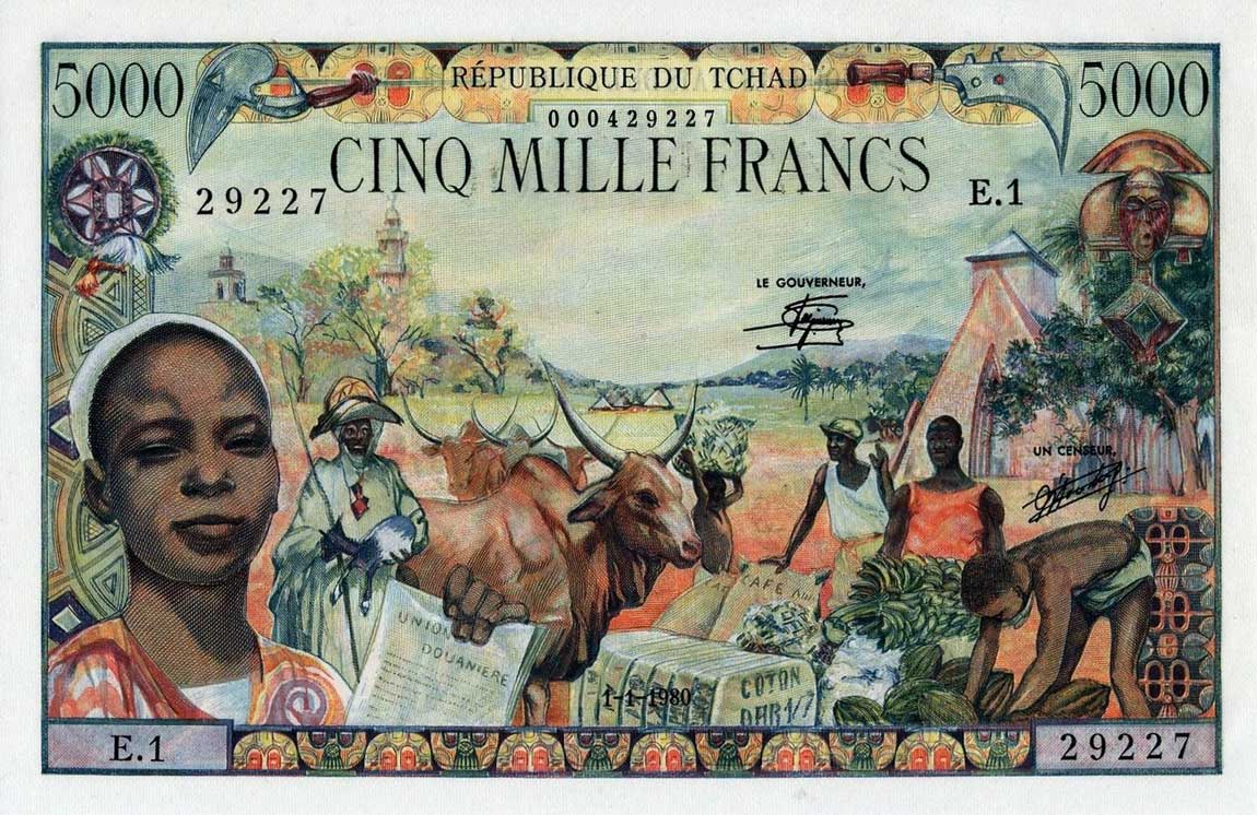 Front of Chad p8: 5000 Francs from 1980