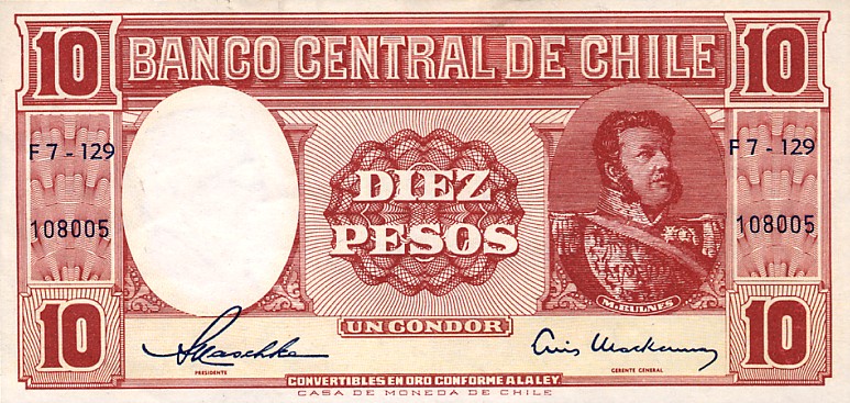 Front of Chile p120: 10 Pesos from 1958