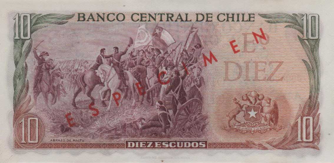 Back of Chile p142As: 10 Escudos from 1970