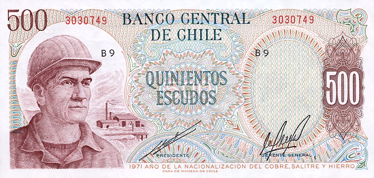 Front of Chile p144: 500 Escudos from 1971