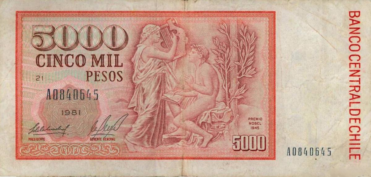 Back of Chile p155a: 5000 Pesos from 1981