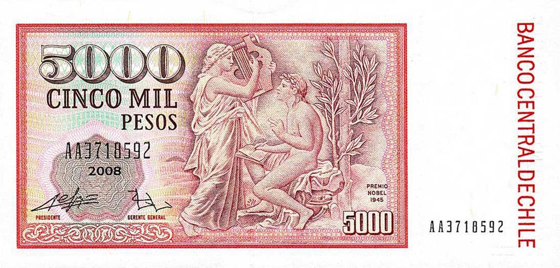 Back of Chile p155g: 5000 Pesos from 2008
