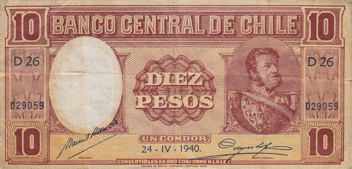 Front of Chile p92d: 10 Pesos from 1942