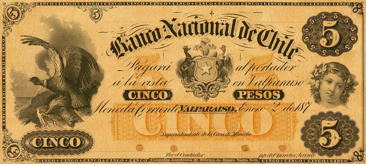 Front of Chile pS122p: 5 Pesos from 1876