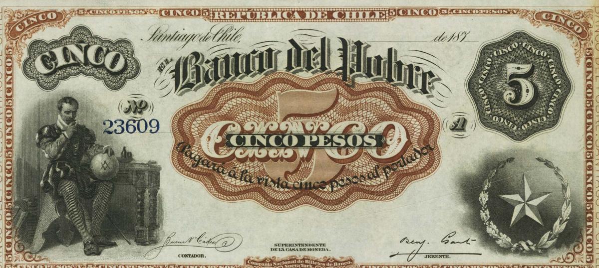 Front of Chile pS362r: 5 Pesos from 1876