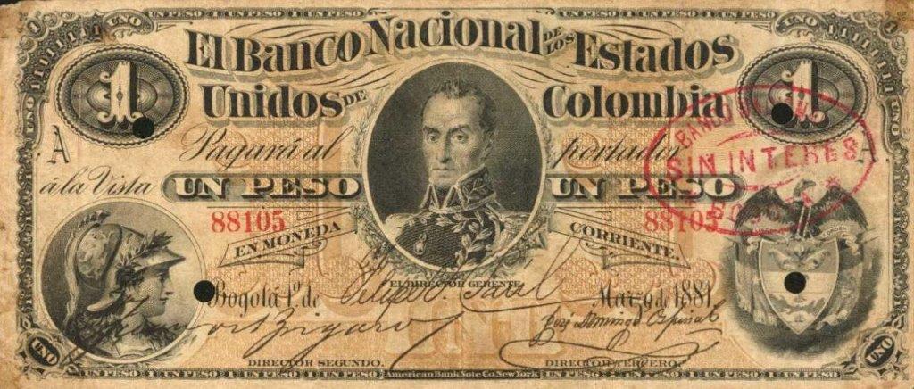 Front of Colombia p141a: 1 Peso from 1881