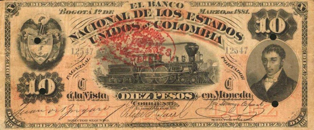Front of Colombia p143: 10 Pesos from 1881