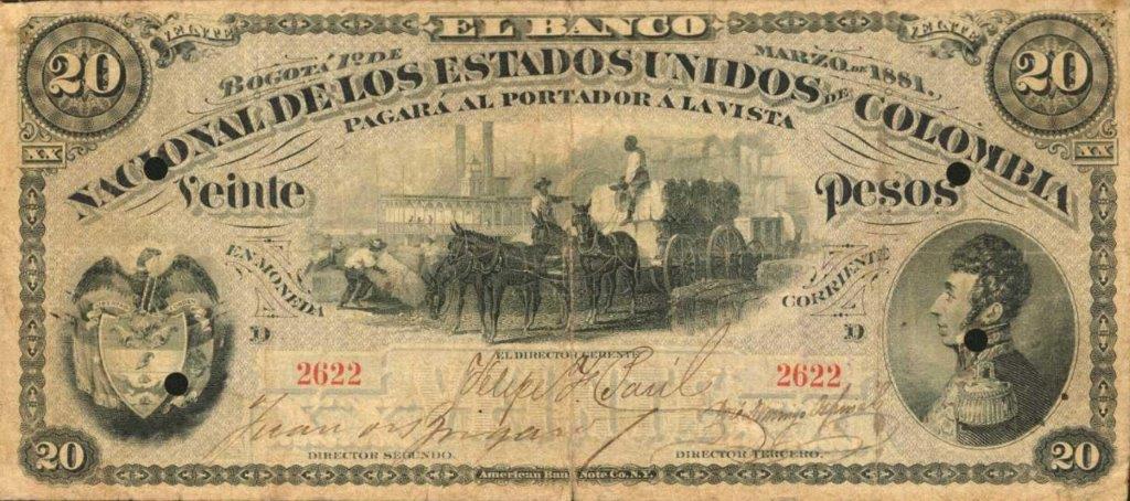 Front of Colombia p144: 20 Pesos from 1881