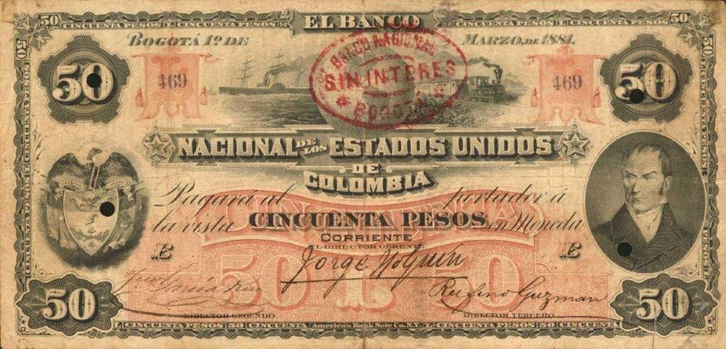 Front of Colombia p145: 50 Pesos from 1881