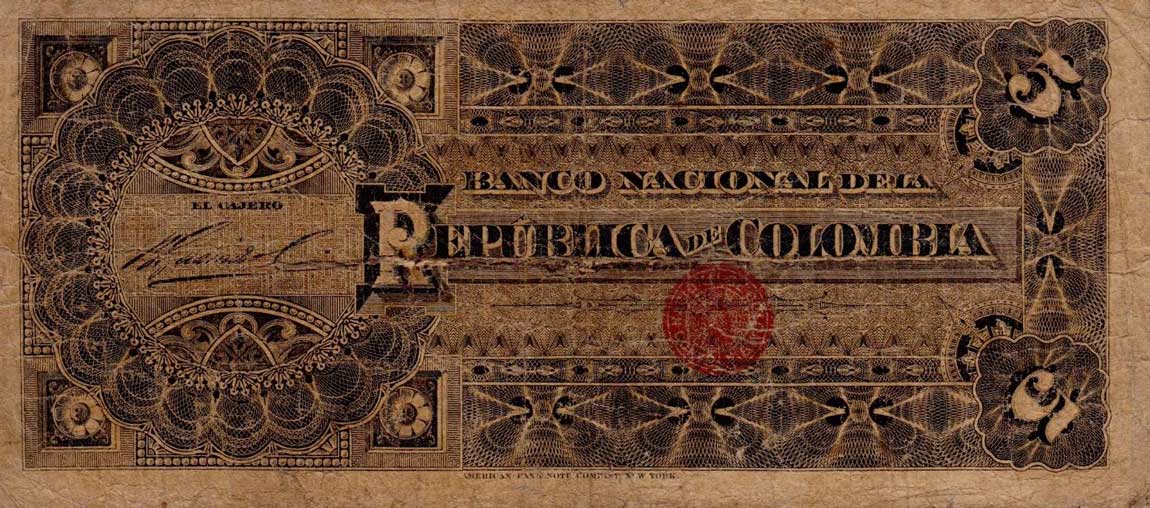 Back of Colombia p215a: 5 Pesos from 1888