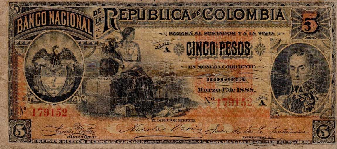 Front of Colombia p215a: 5 Pesos from 1888