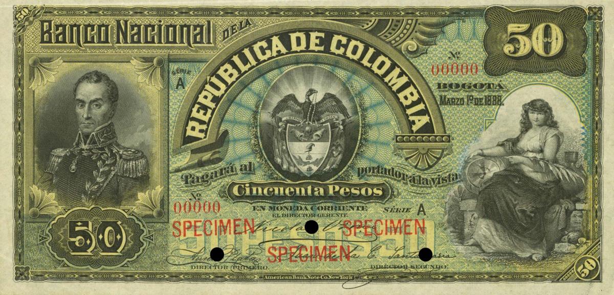 Front of Colombia p217s: 50 Pesos from 1888