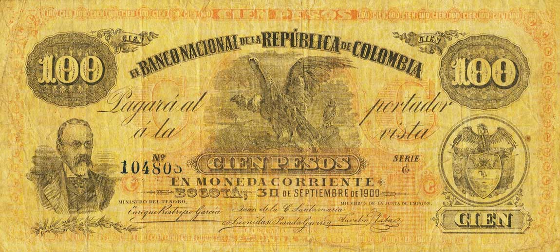 Front of Colombia p281: 100 Pesos from 1900