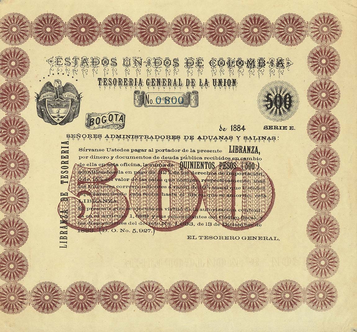 Front of Colombia p289D: 500 Pesos from 1884