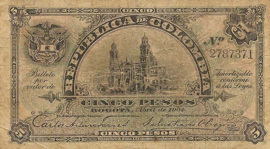 Front of Colombia p311: 5 Pesos from 1904