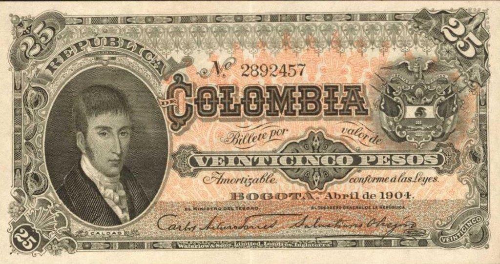 Front of Colombia p313: 25 Pesos from 1904