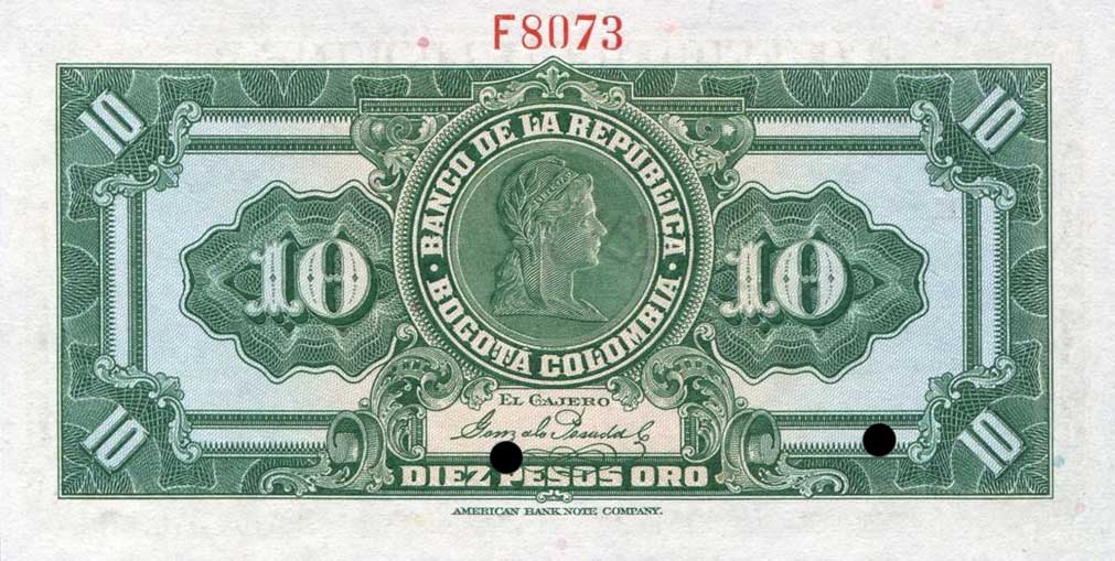 Back of Colombia p374s1: 10 Pesos Oro from 1926