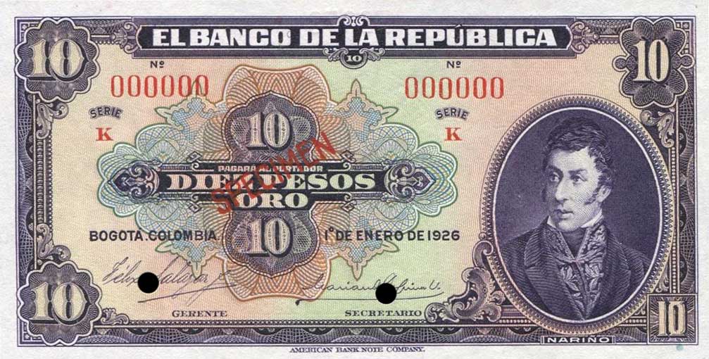 Front of Colombia p374s1: 10 Pesos Oro from 1926