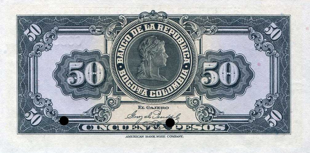 Back of Colombia p375s1: 50 Pesos Oro from 1926