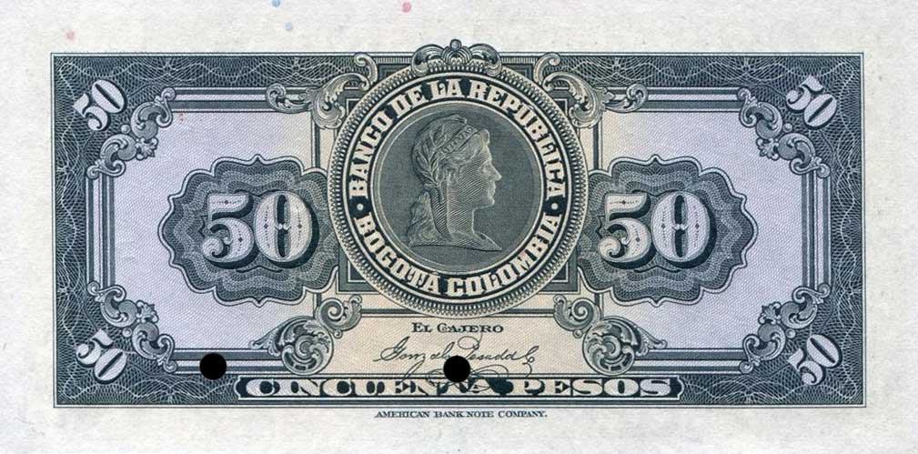 Back of Colombia p375s2: 50 Pesos Oro from 1928