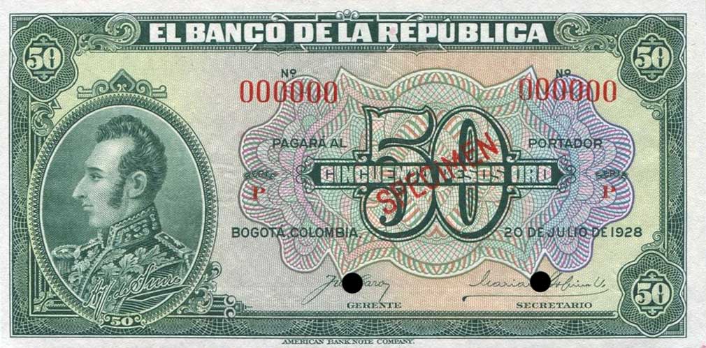 Front of Colombia p375s2: 50 Pesos Oro from 1928