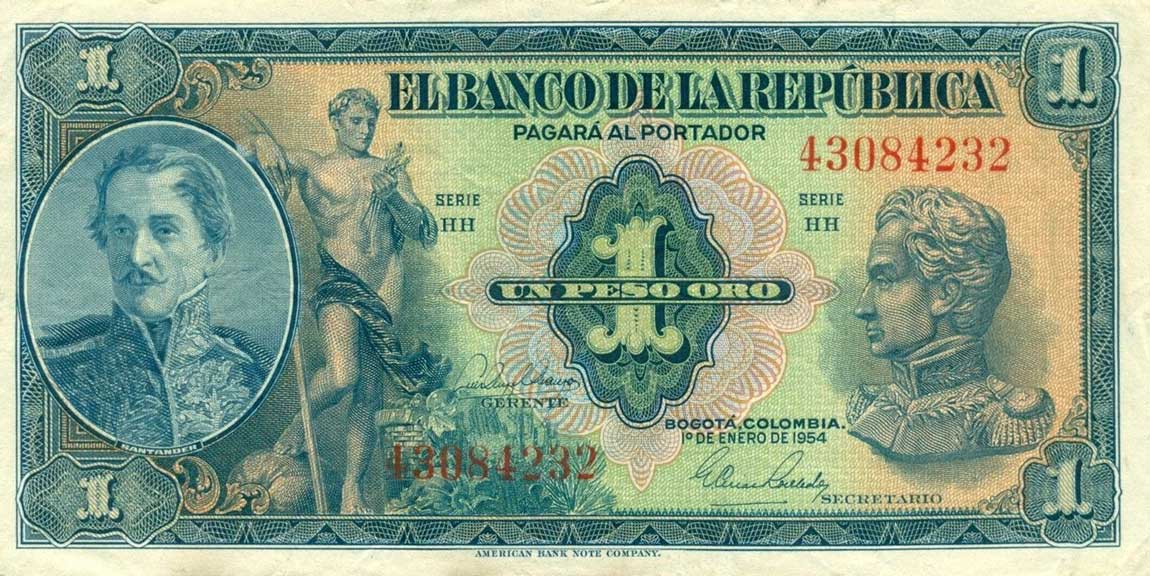 Front of Colombia p380g: 1 Peso Oro from 1954