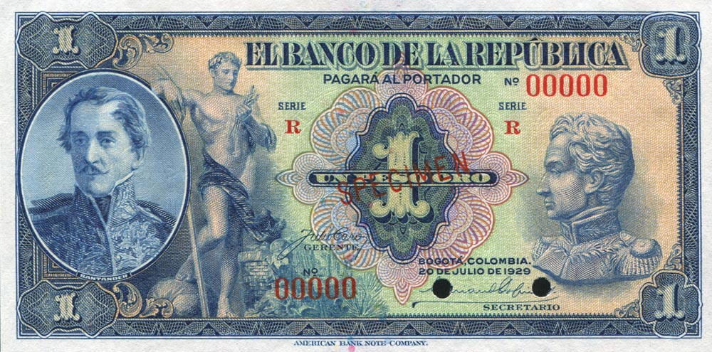 Front of Colombia p380s: 1 Peso Oro from 1946