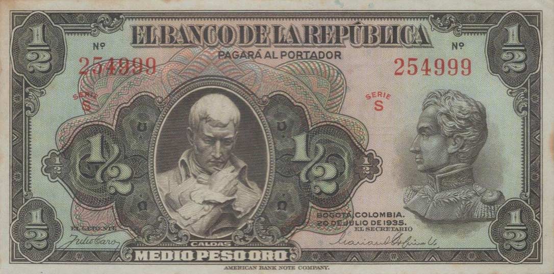 Front of Colombia p384: 0.5 Peso Oro from 1935