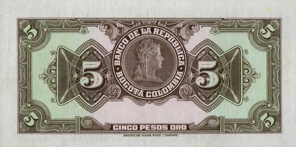 Back of Colombia p386b: 5 Pesos Oro from 1942