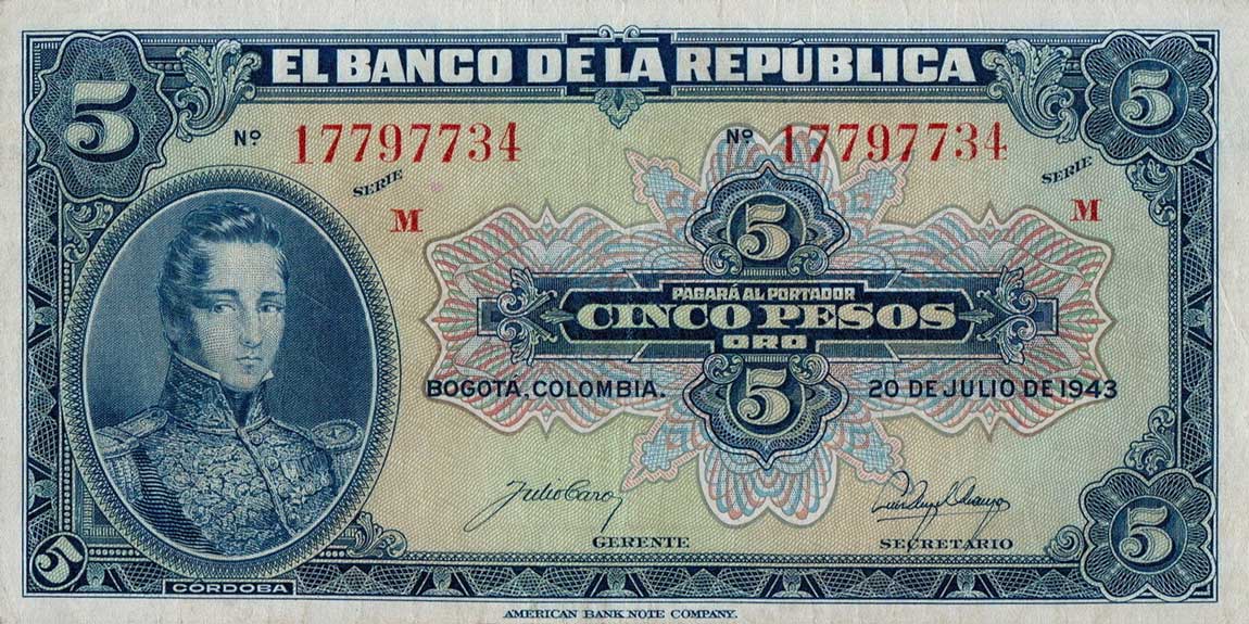 Front of Colombia p386b: 5 Pesos Oro from 1942
